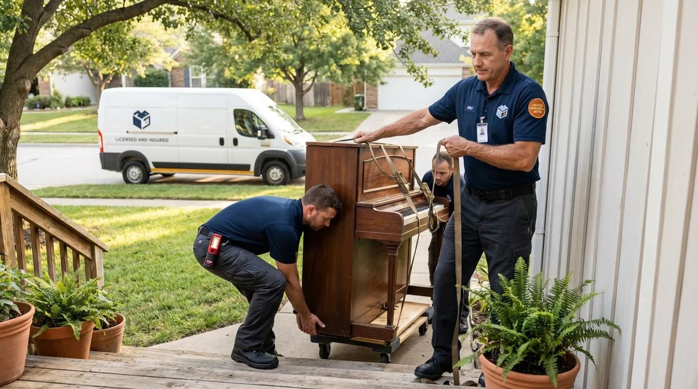 Licensed piano movers securing grand piano in Stanhope, NJ